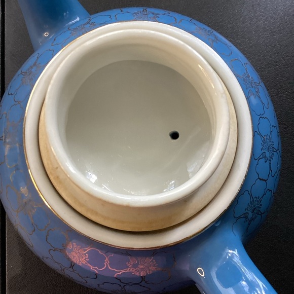 Hall Teapot French Flower Cadet Blue Periwinkle Gold Trim Vintage 1950s - Picture 13 of 14